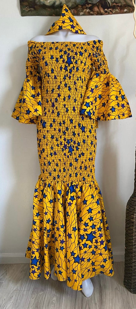 Yellow and Blue African Print Elastic Maxi Dress