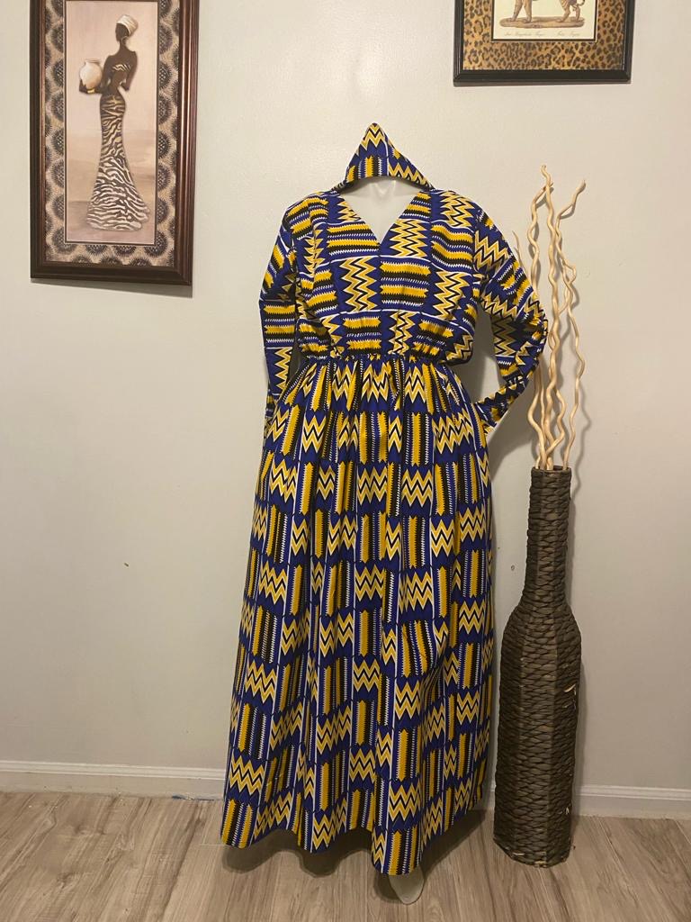Blue/Yellow/White African Print Dress