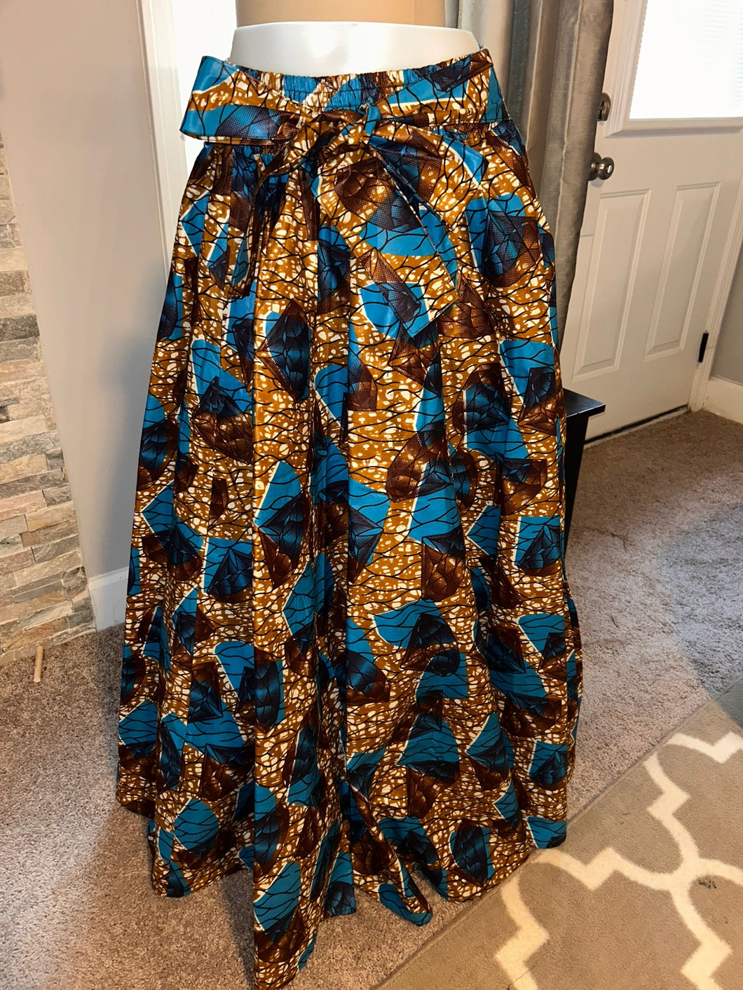 Blue and Brown African Print Maxi Skirt
