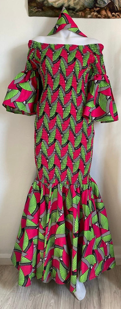 Pink and Green African Print Elastic Maxi Dress