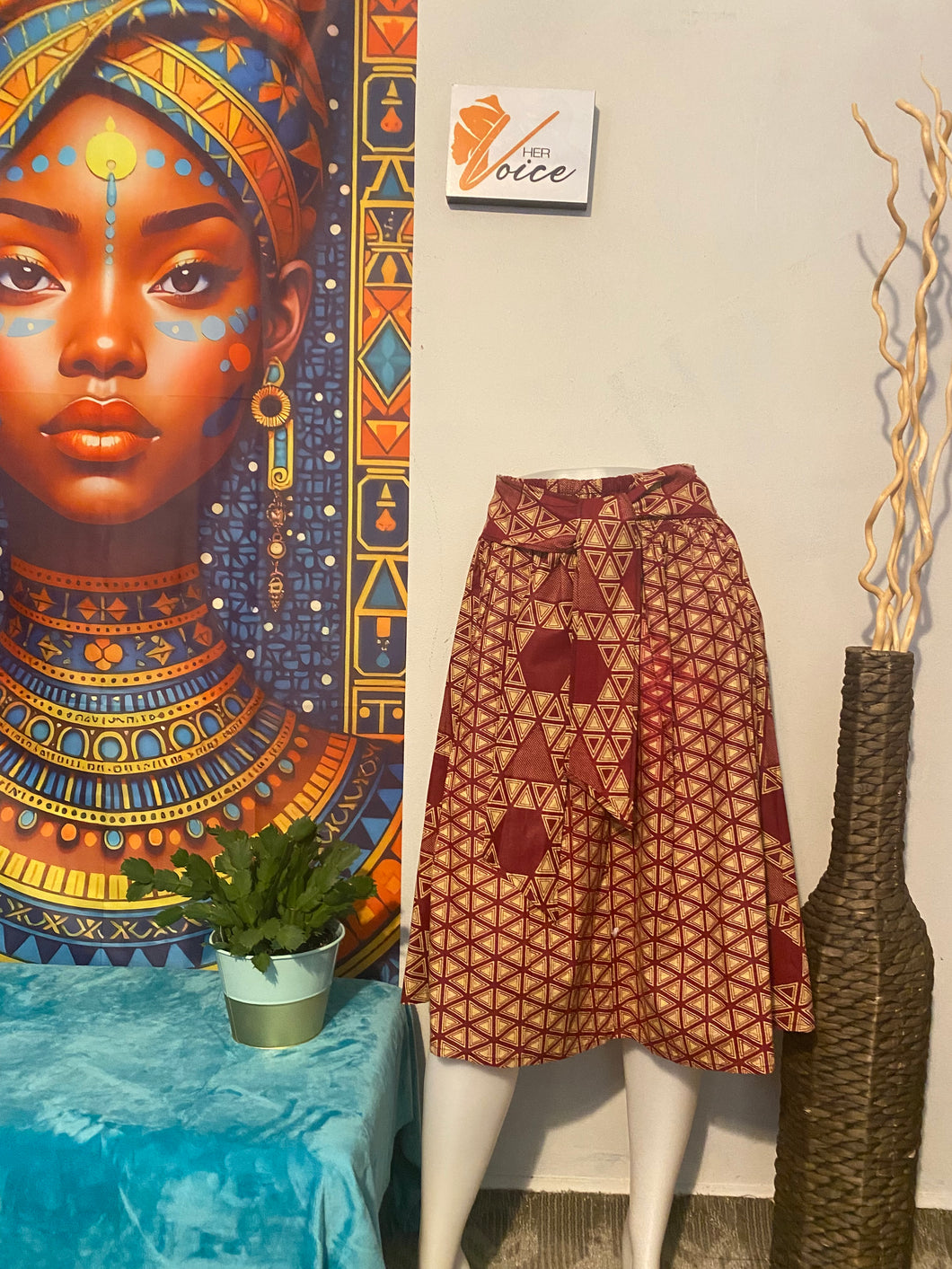 Burgundy and Cream Midi Skirt