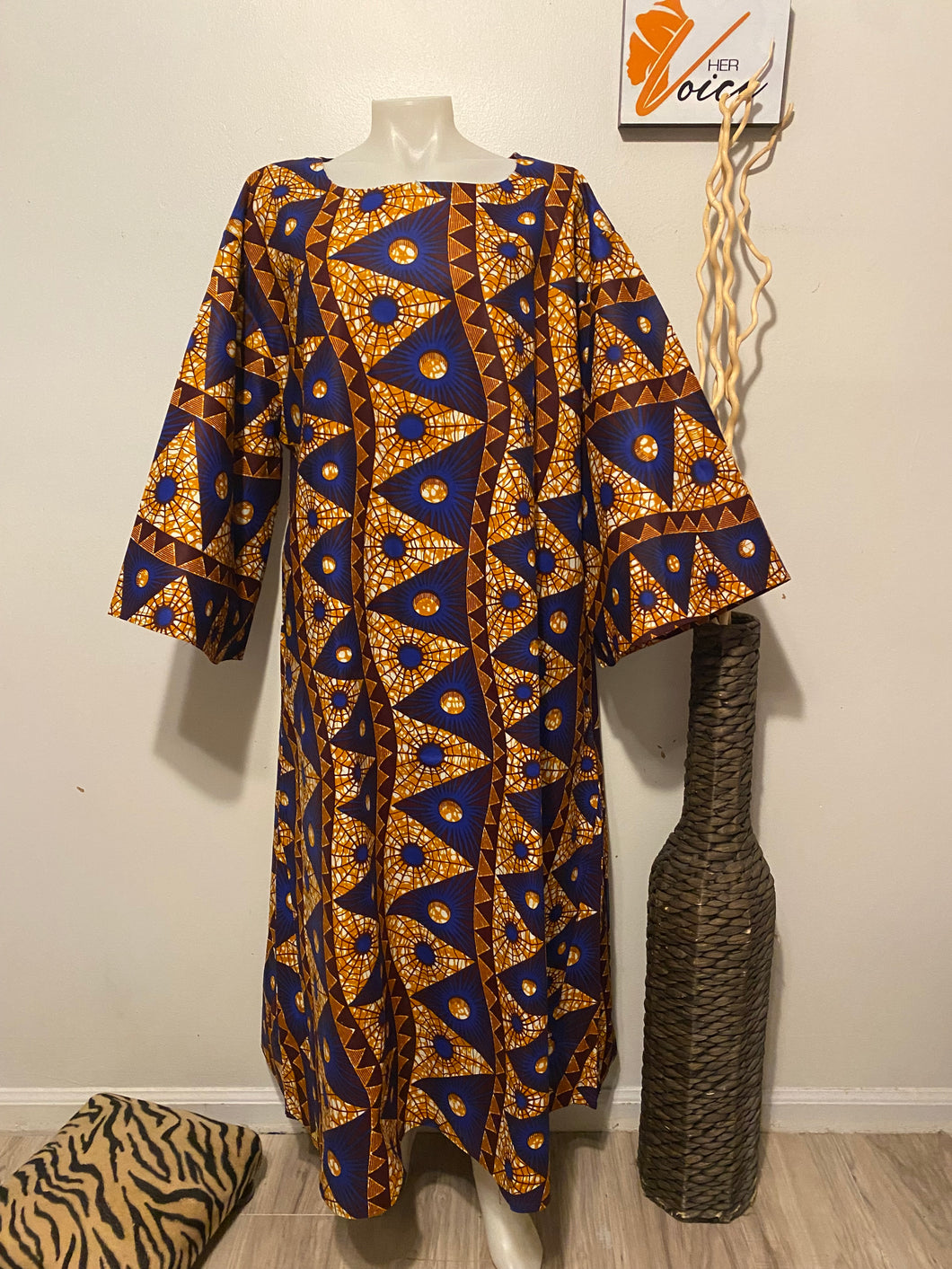 Burgundy/Gold/Blue African Print Maxi Dress