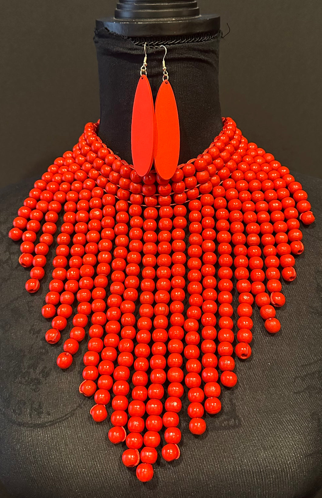 Red Wood Beaded Necklace and Earrings