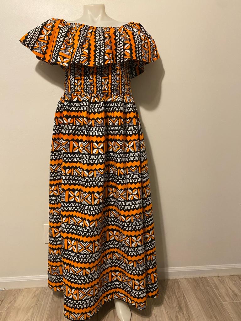 Orange and Black African Print Elastic Bodice Maxi Dress