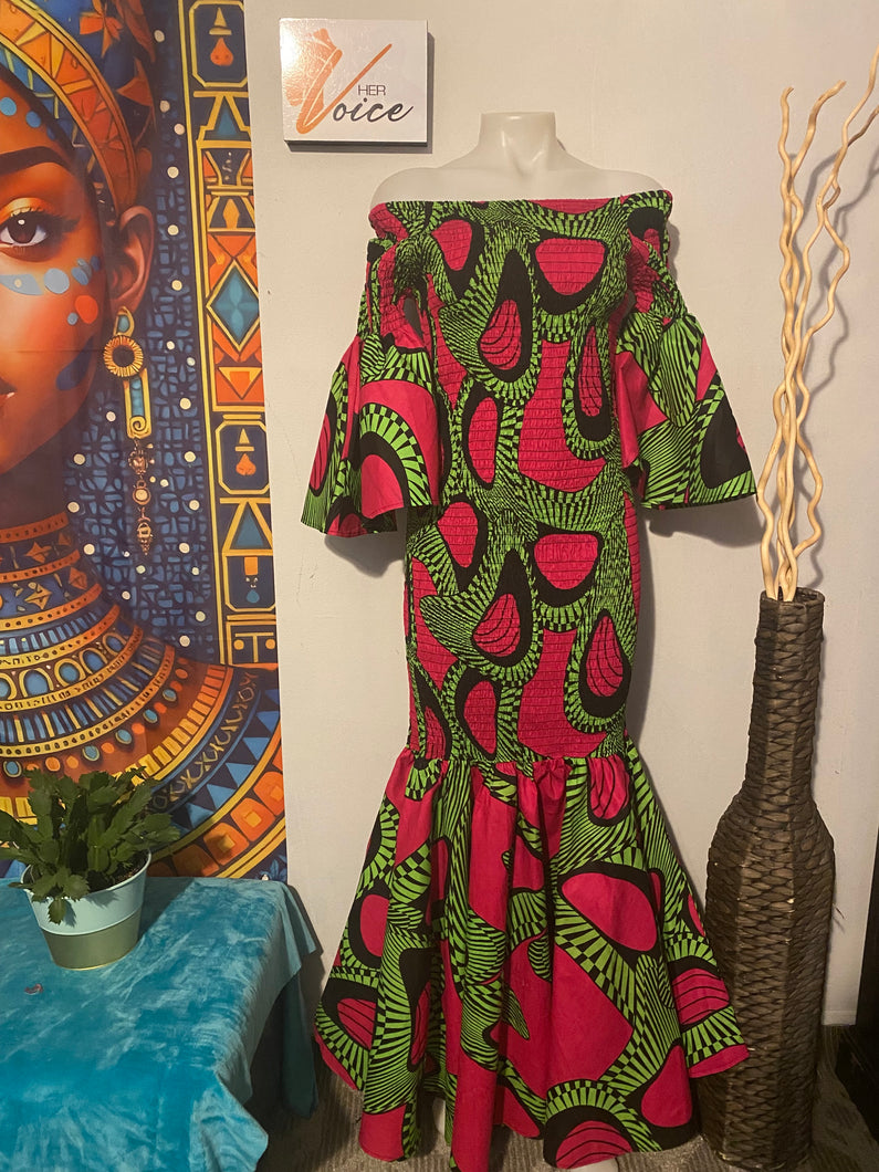 Pink and Green African Print Elastic Maxi Dress