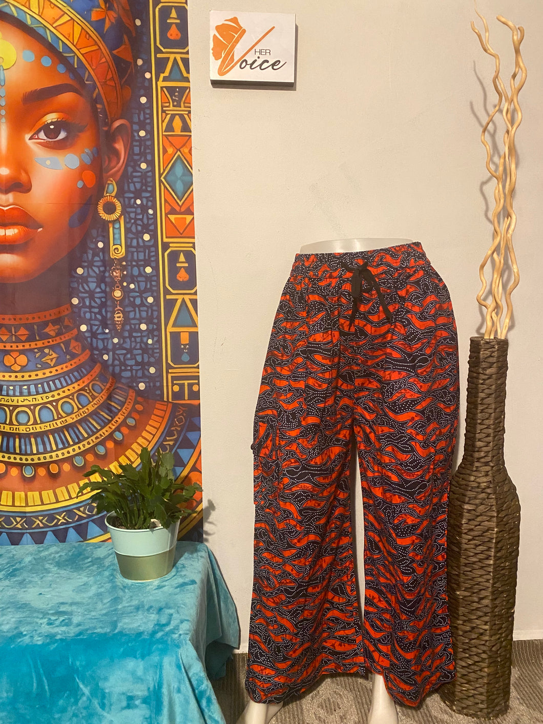 Red and Black African Print Cargo Pants
