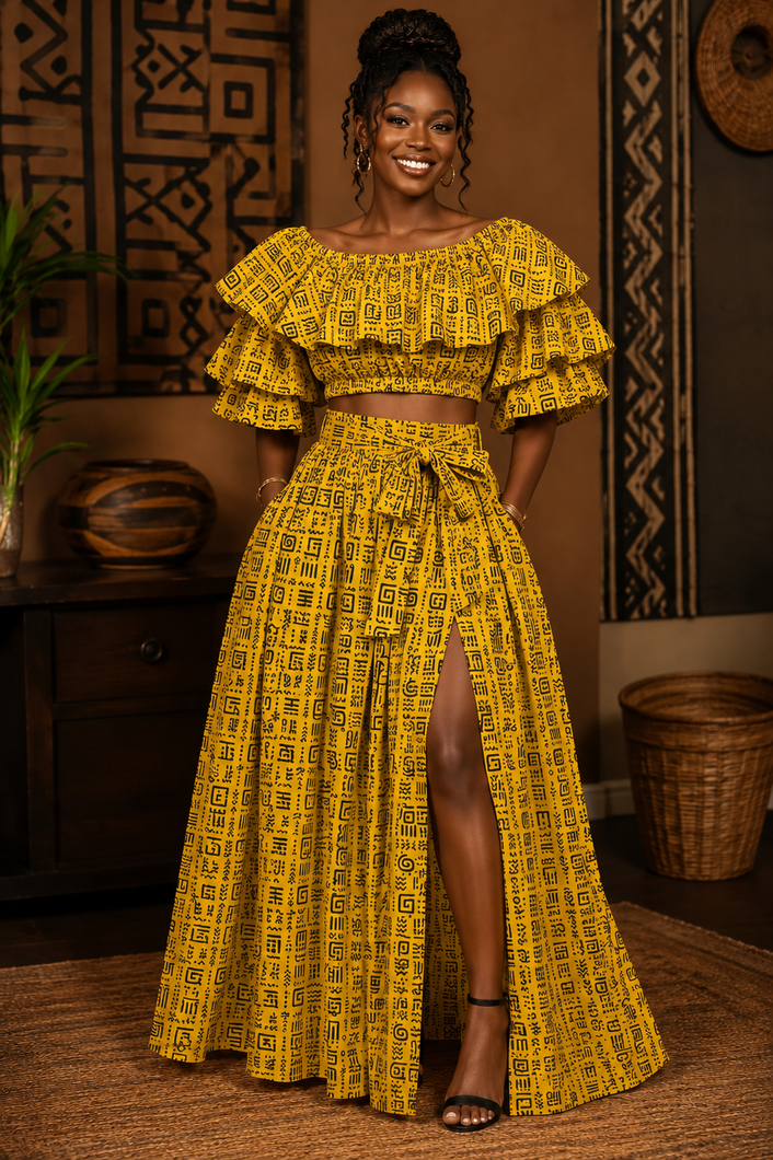Zuri Two-Piece Co-Ord Set – Off-Shoulder Ruffle Crop Top & High-Slit Maxi Skirt