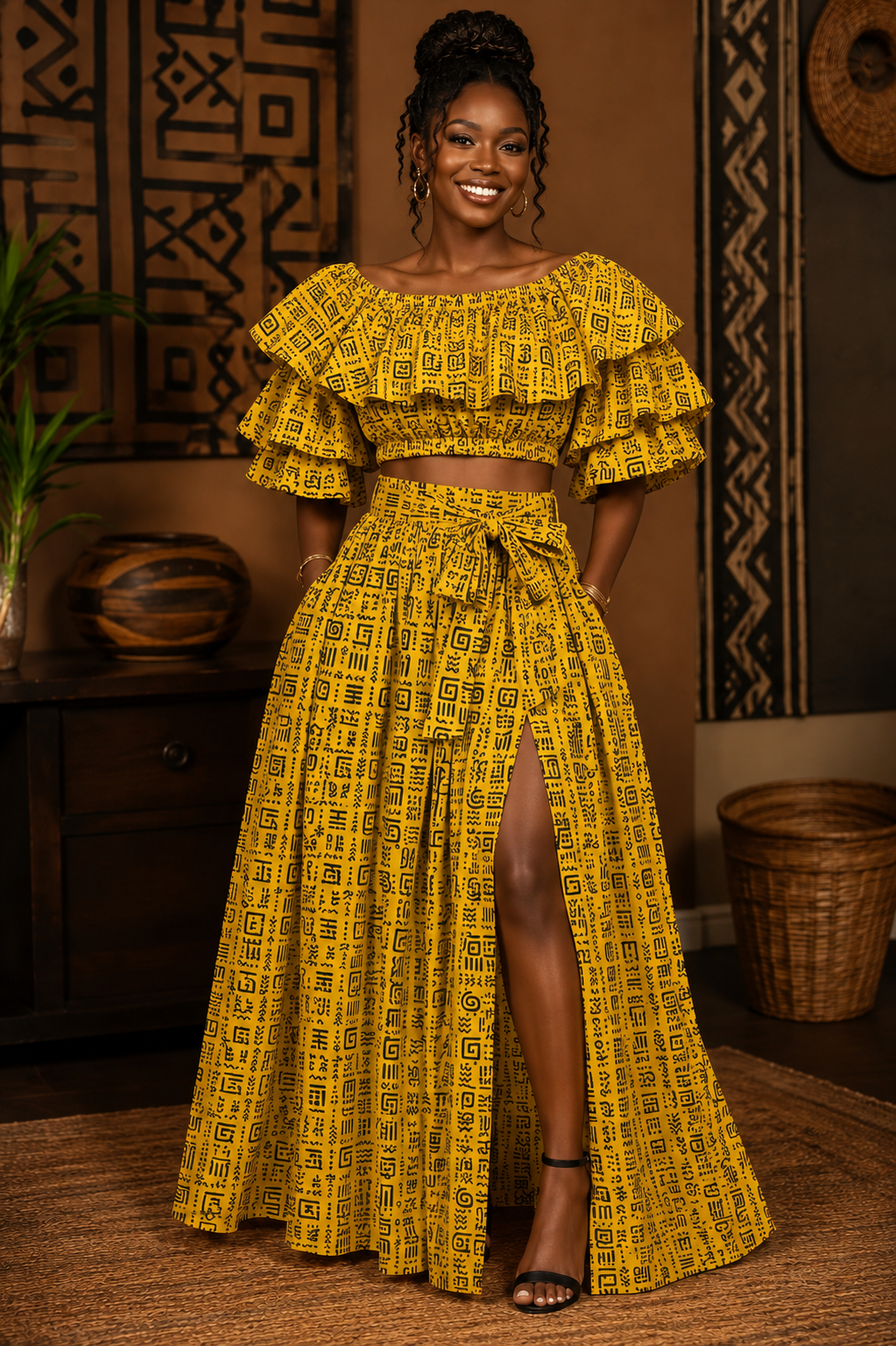 Zuri Two-Piece Co-Ord Set – Off-Shoulder Ruffle Crop Top & High-Slit Maxi Skirt