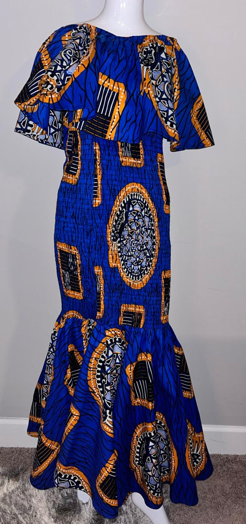 Blue and Orange African  Print  Elastic Dress