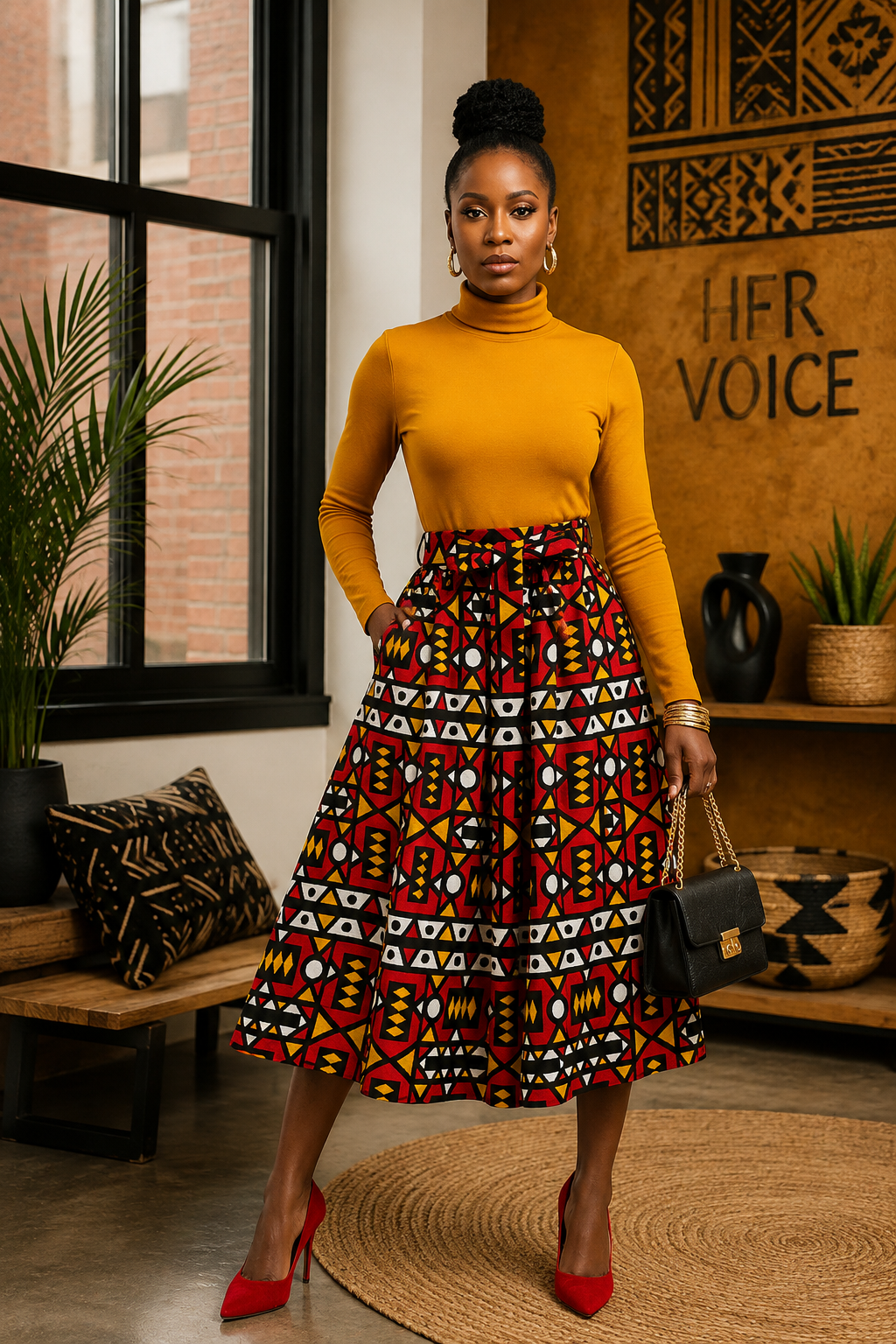 Power Pattern Ankara Print Midi Skirt