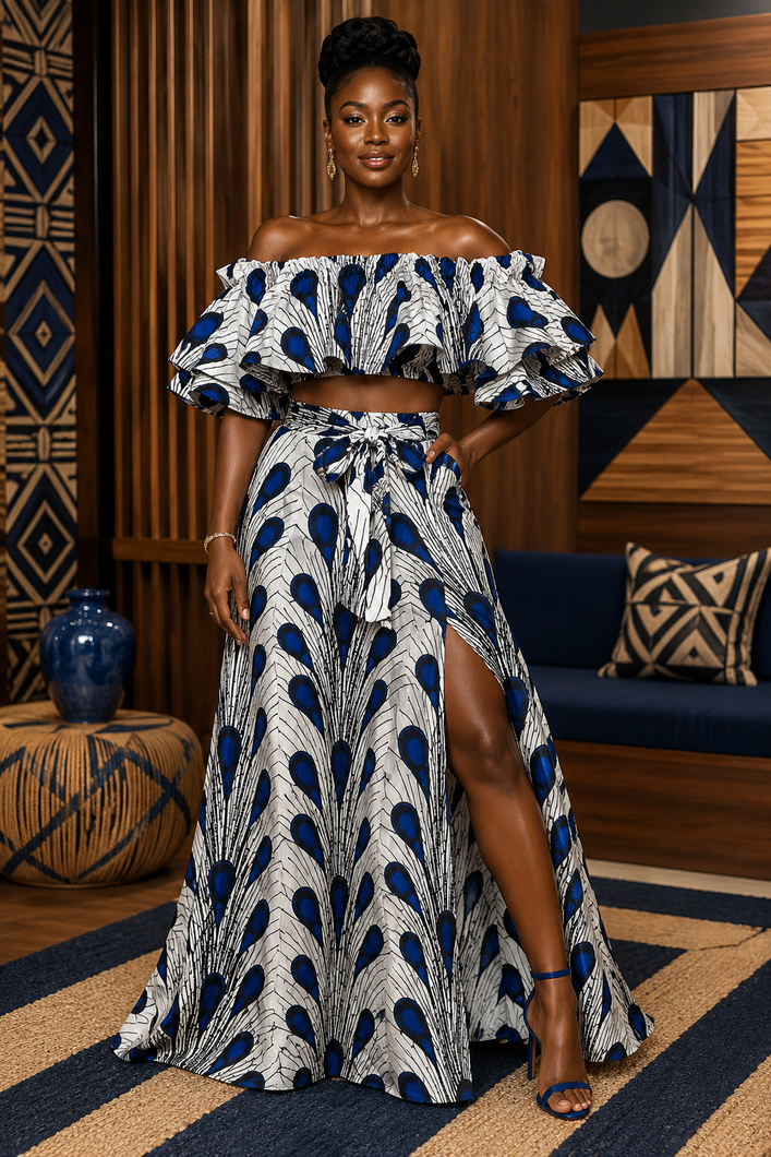 Nneka Two-Piece Ankara Co-Ord Set – Off-Shoulder Crop Top & High-Slit Maxi Skirt