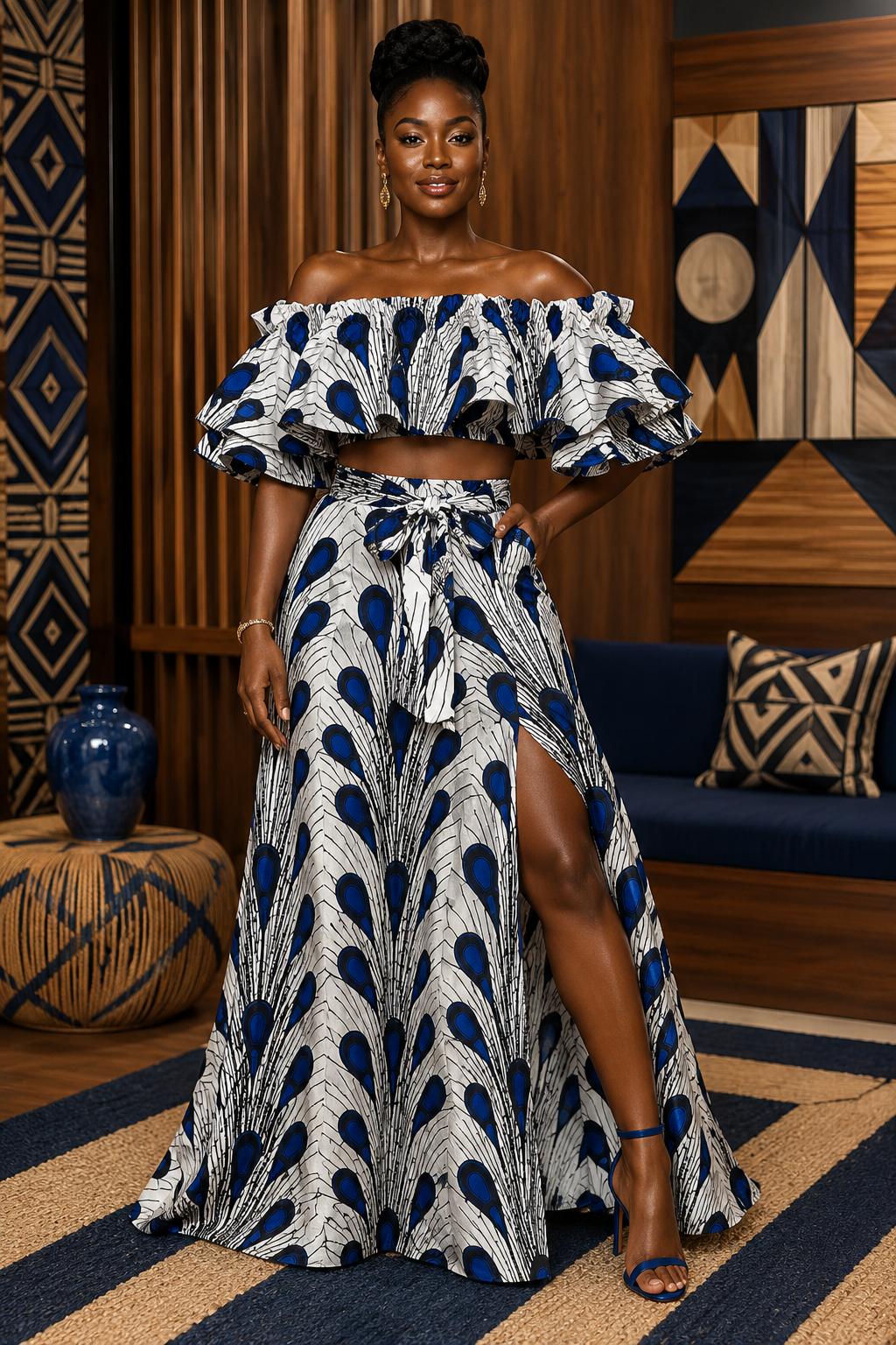 Nneka Two-Piece Ankara Co-Ord Set – Off-Shoulder Crop Top & High-Slit Maxi Skirt