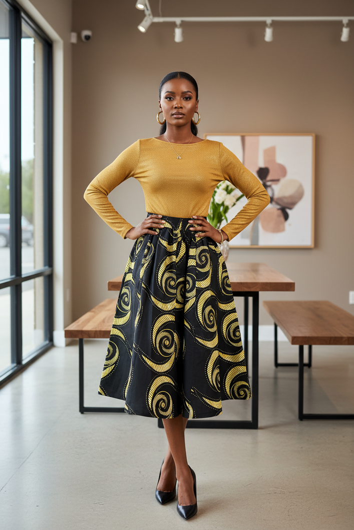 Amara Golden Vortex Ankara Midi Skirt