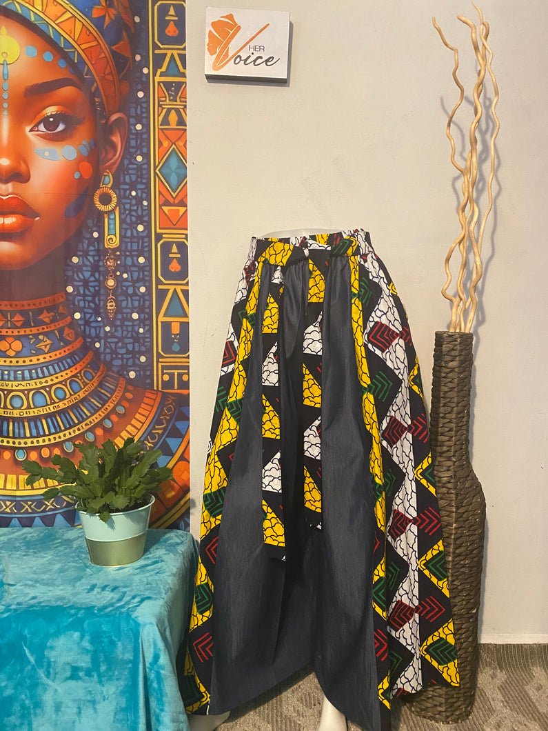 African Print and Denim Palazzo Pants