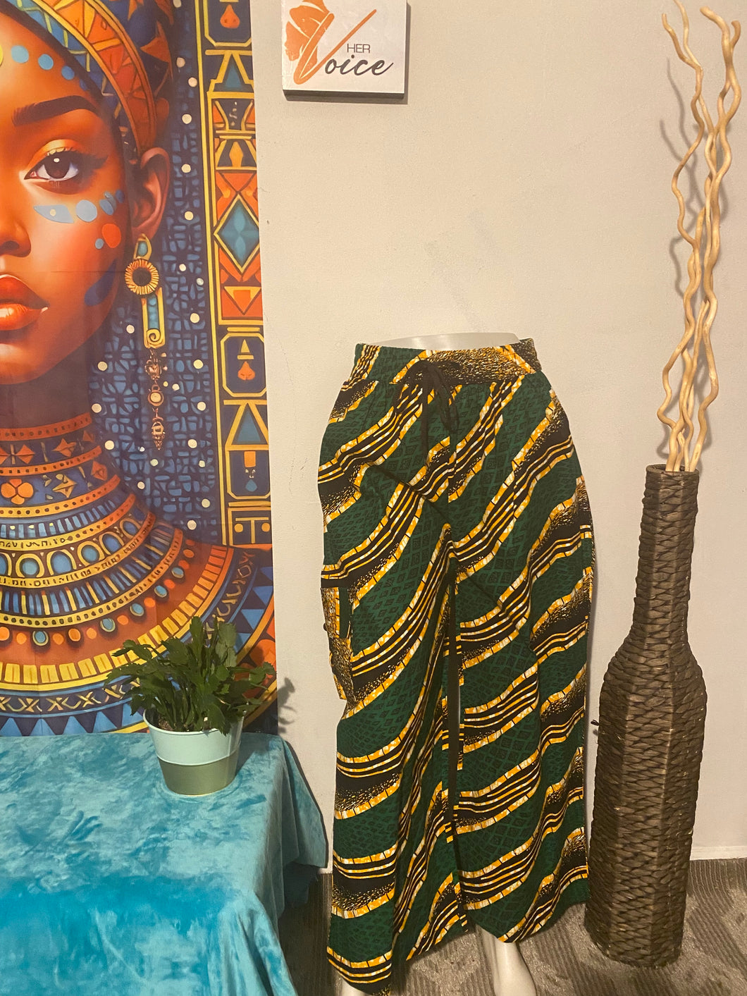 Green, Gold, and Black African Print Cargo Pants