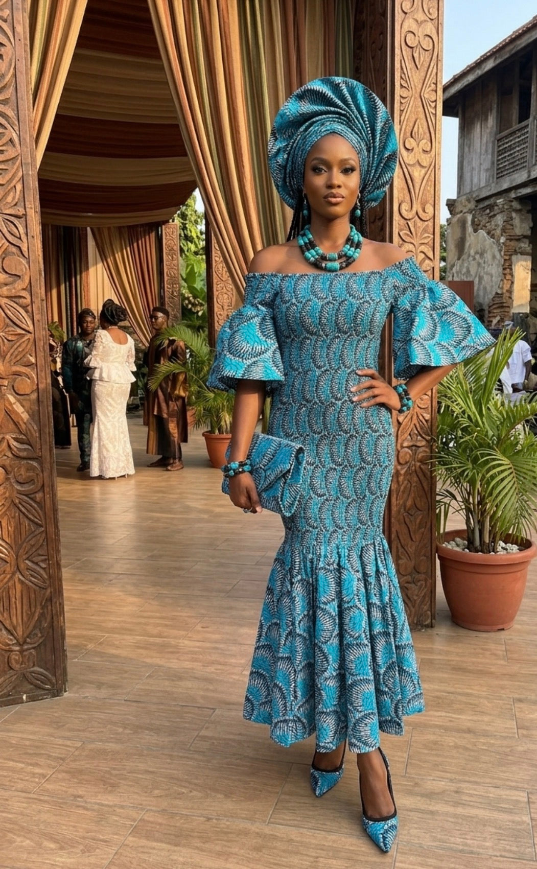Teal Ankara Off-Shoulder Mermaid Dress