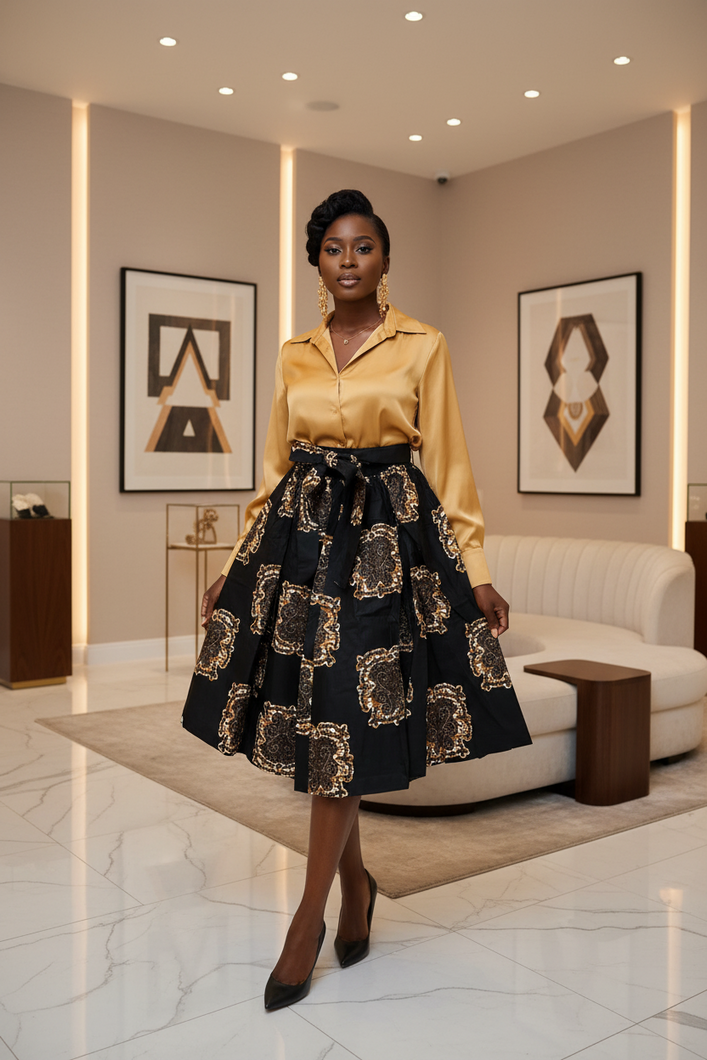 Regal Grid Ankara Print Midi Skirt
