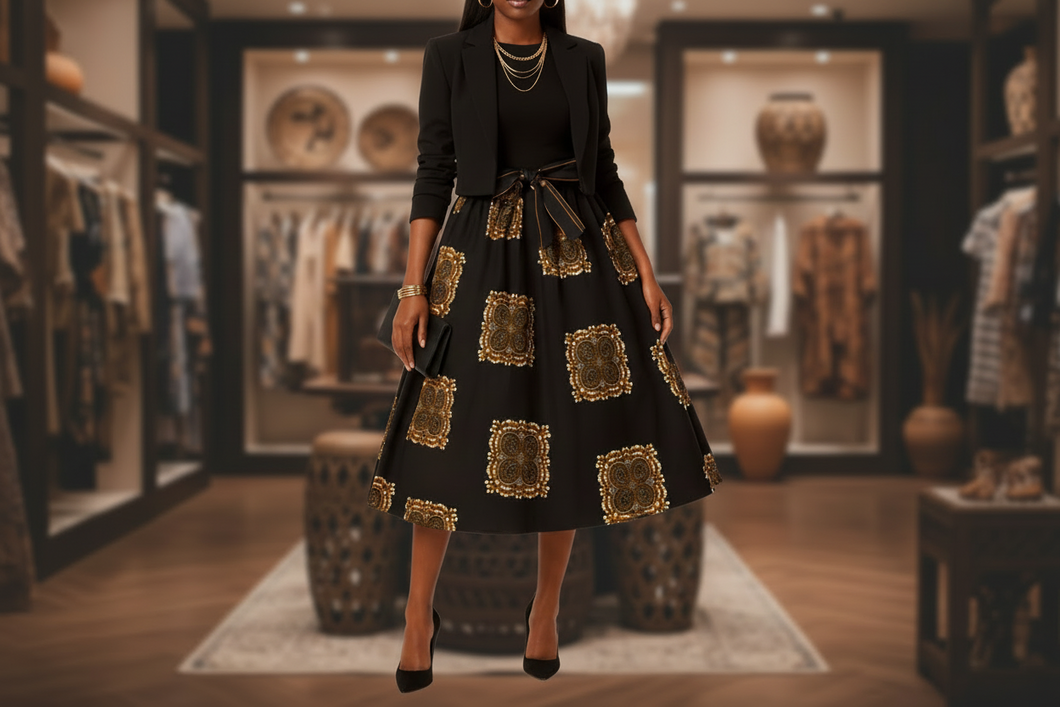 Regal Grid Ankara Print Midi Skirt
