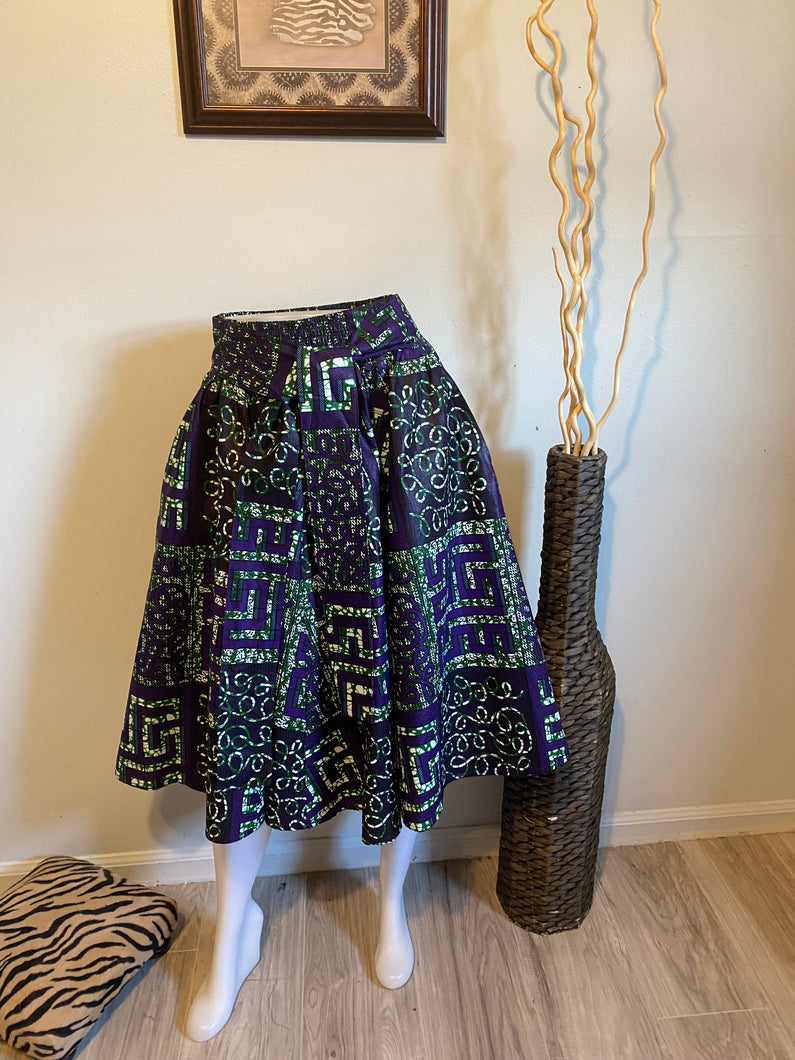 Purple and Green African Print Midi Skirt