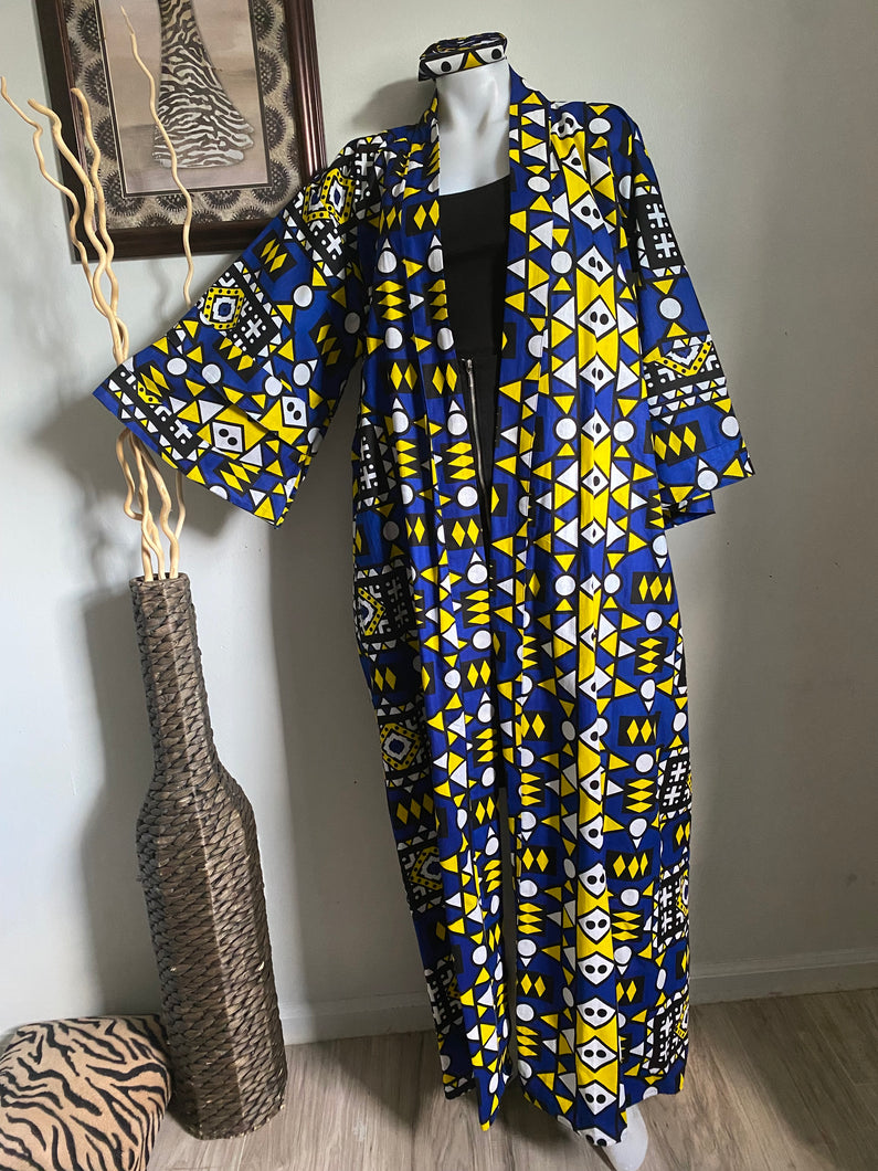 Blue, Yellow, White African Print Duster