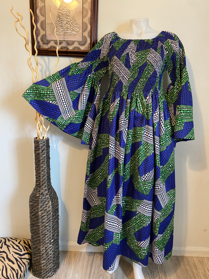 Blue/Green/White African Print Maxi Dress