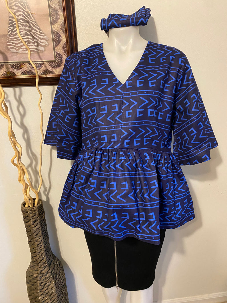 Blue and Black V Neck Top