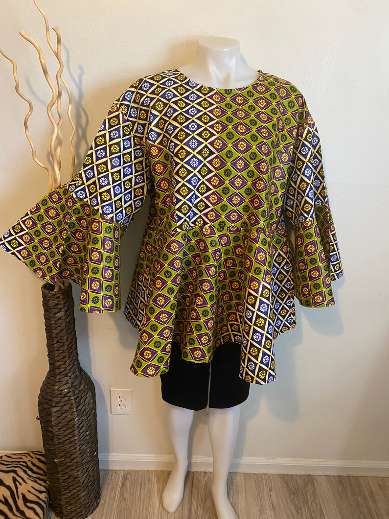 Green/Yellow African Print Top With Bell Sleeves