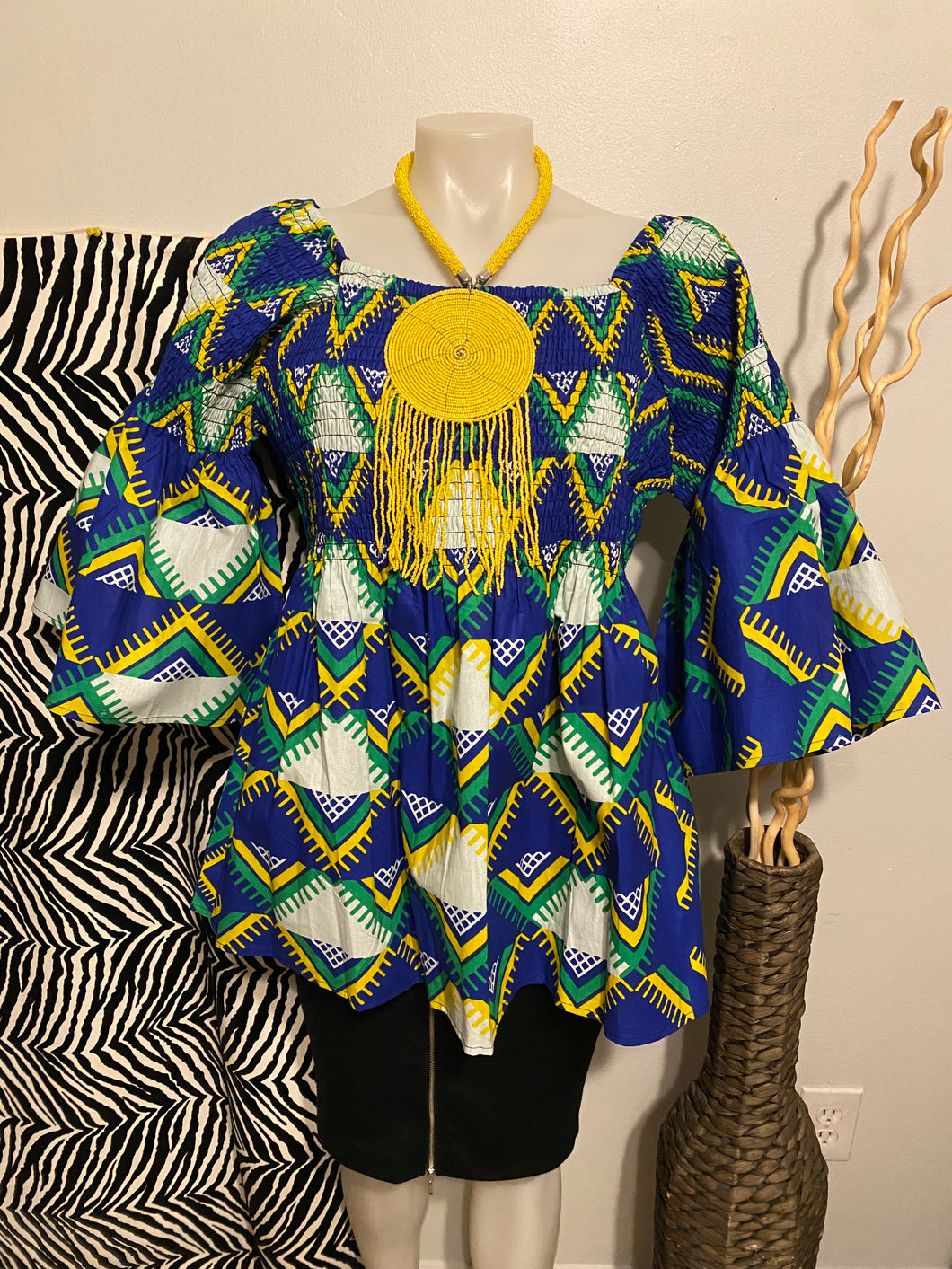 Yellow/White/Blue African Print Top
