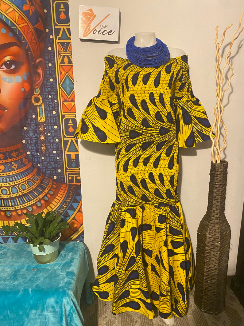 Yellow and Blue African Print Elastic Maxi Dress