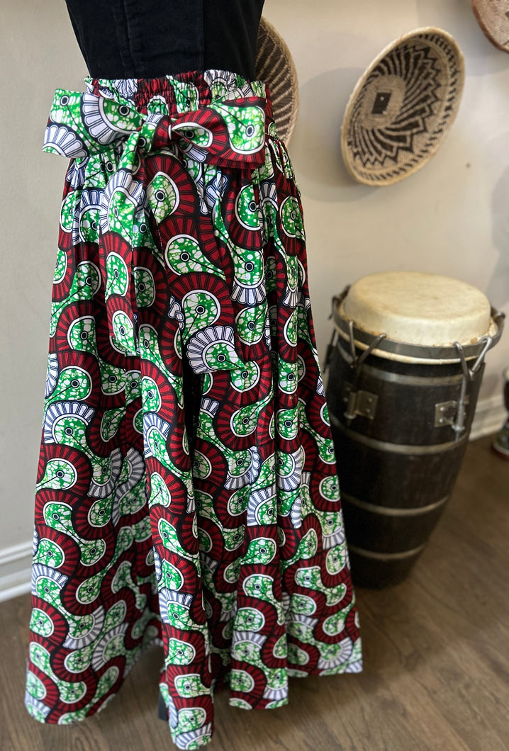 Green Multi Color African Print Maxi Skirt