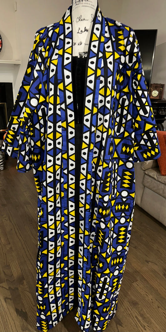 Blue, Yellow, White African Print Duster
