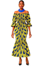 Yellow and Blue African Print Elastic Maxi Dress