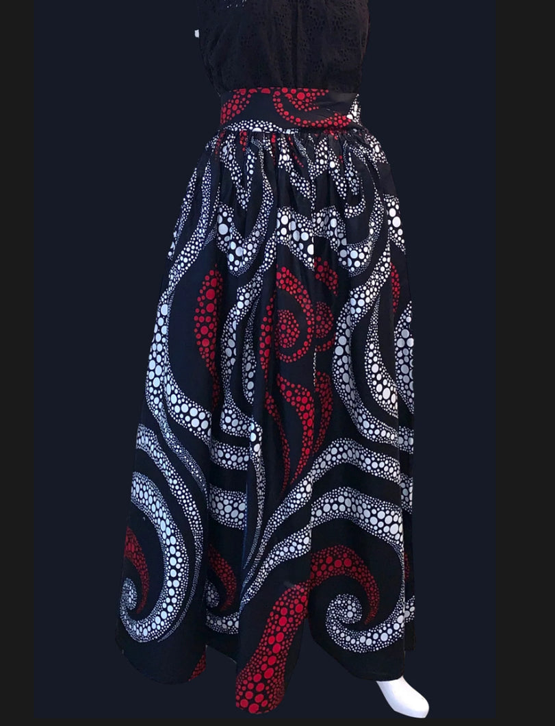 Red and Black African Print Maxi Skirt
