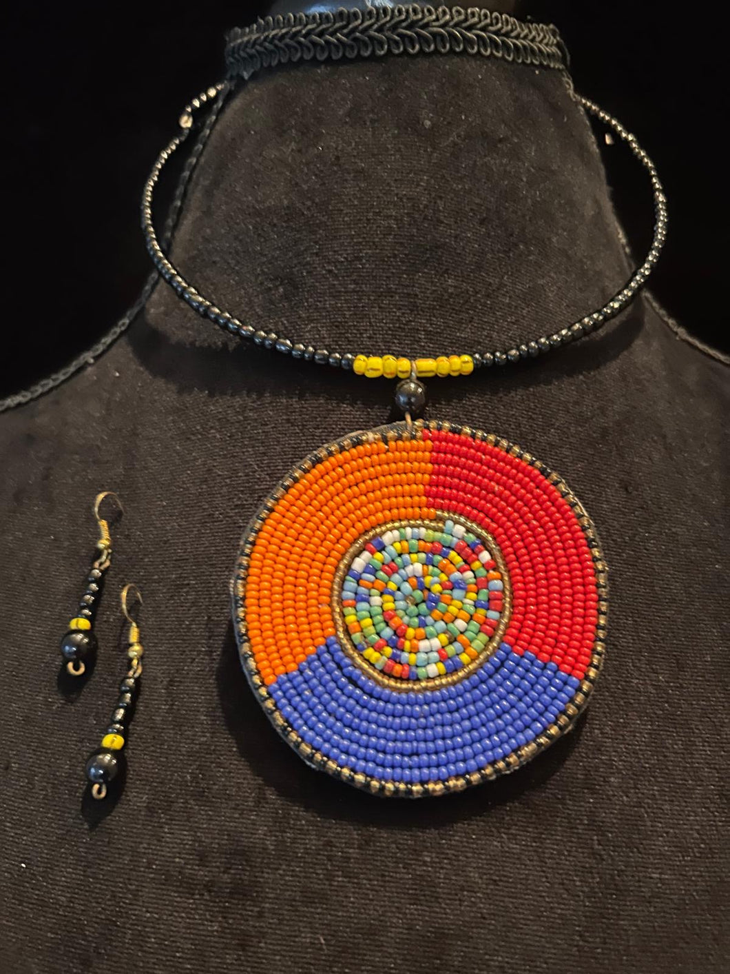 Orange, Red, Blue Maasai Beaded Necklace Set