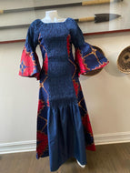 Denim and Red African Print  Elastic Dress