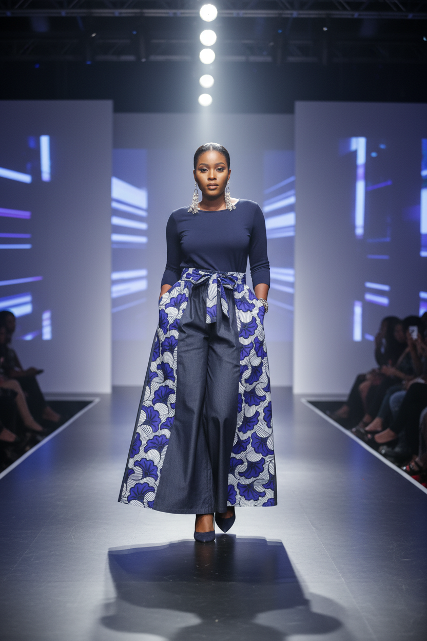 African model wearing palazzo pants on runway
