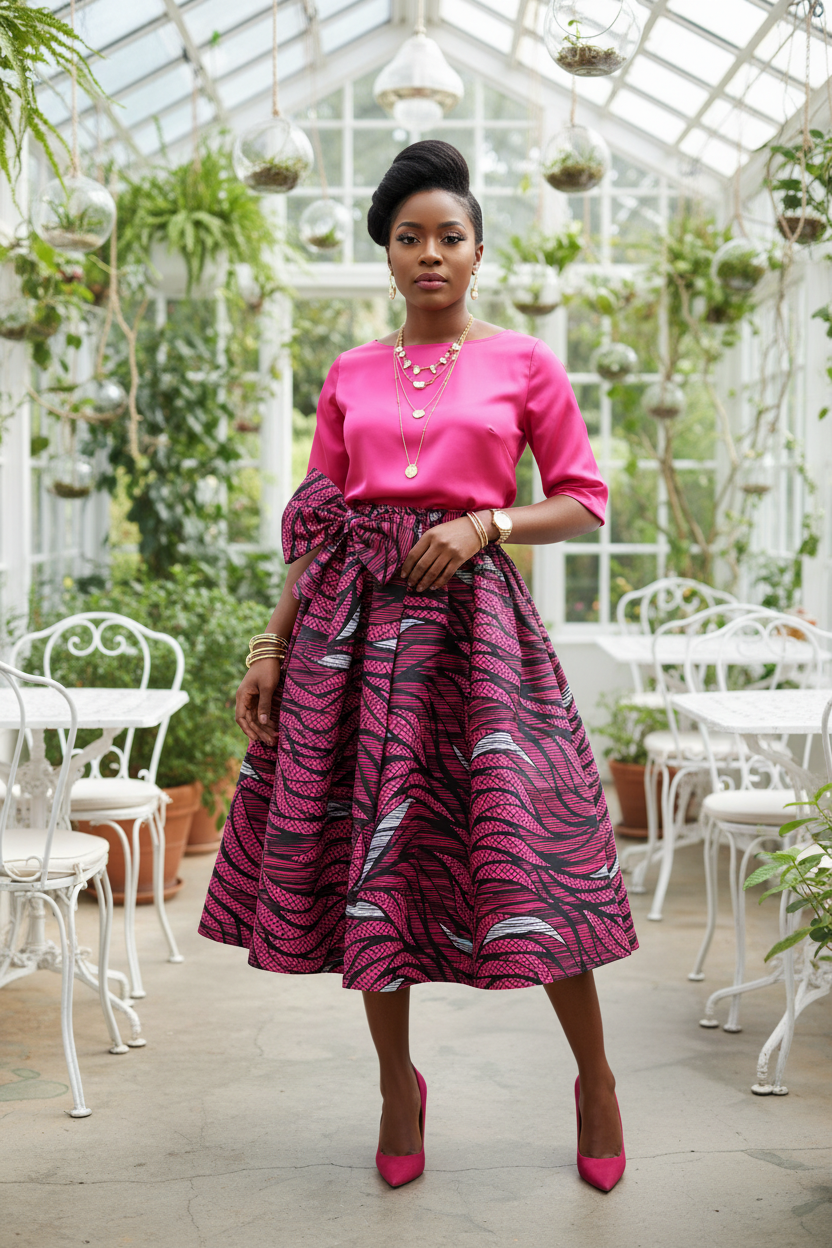 African model wearing pink and black patterned midi skirt with matching bow tie at waist