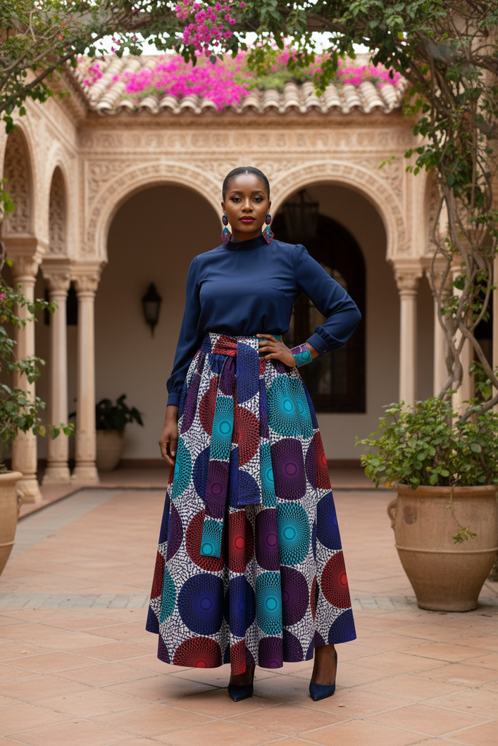 African woman in multicolored geometric maxi skirt