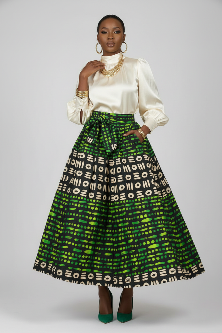 Cream blouse with African print skirt